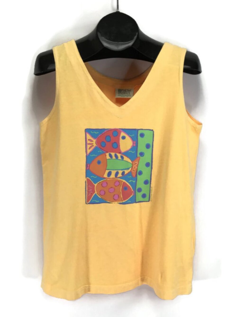 Vintage Fresh Produce Fish Graphic Tank Top Women's Medium Yellow Cotton USA 90s
